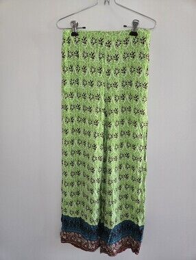 Zara Green & Brown Boho Printed Wide‑Leg Pants with Blue Hem -Lightweight